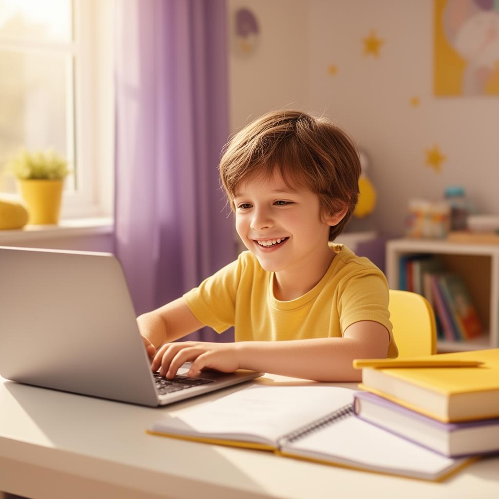 A young child studying online at home with a laptop